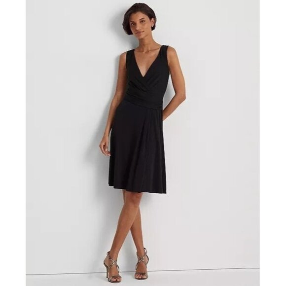 125$ Lauren Ralph Lauren Front Pleated Surplice Jersey Mini Dress Size 12 Black - Picture 1 of 1